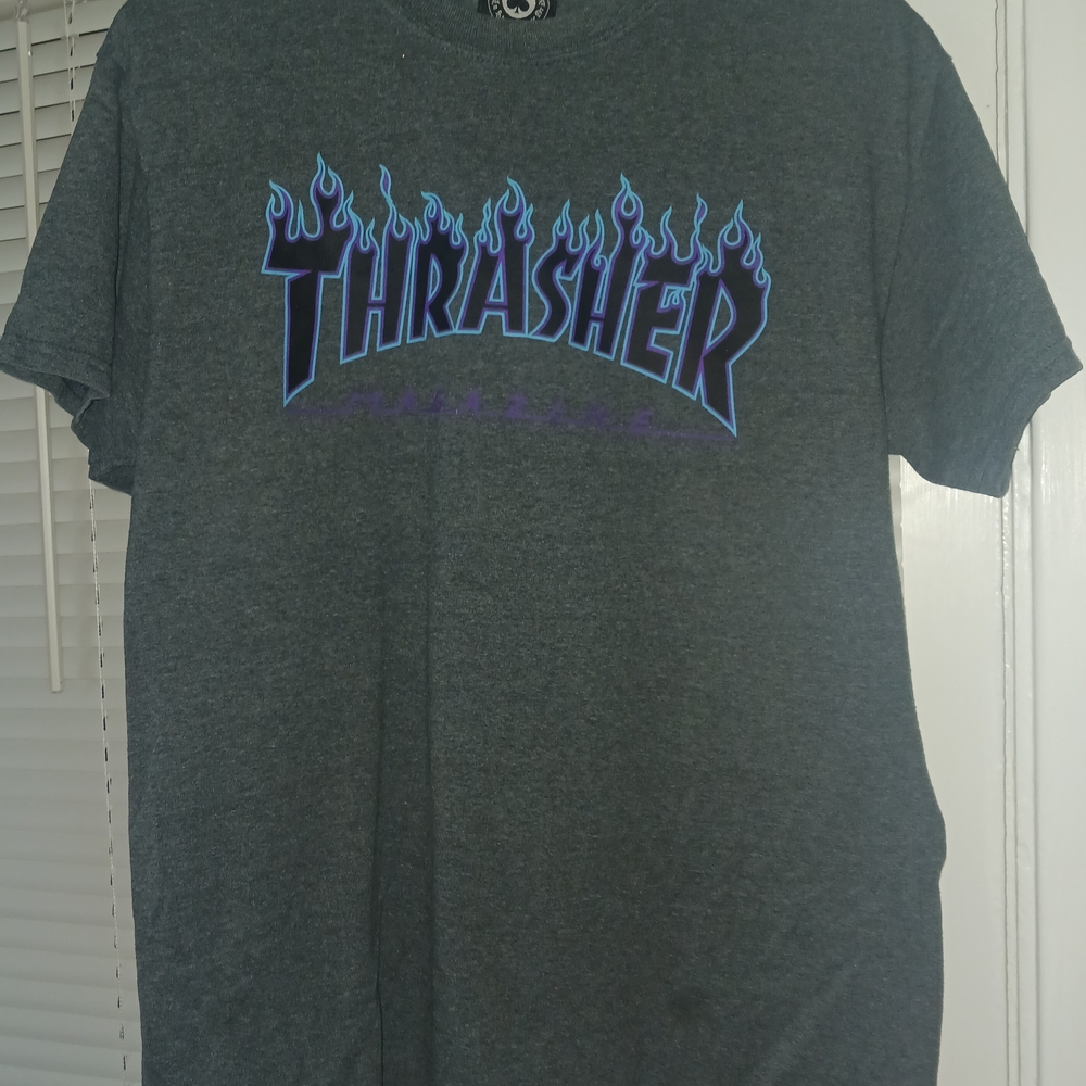 Thrasher Blue Logo Gray Short Sleeve Tee